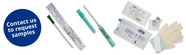 Selection of female catheter supplies and blue circle that reads 'Contact us to request samples.'
